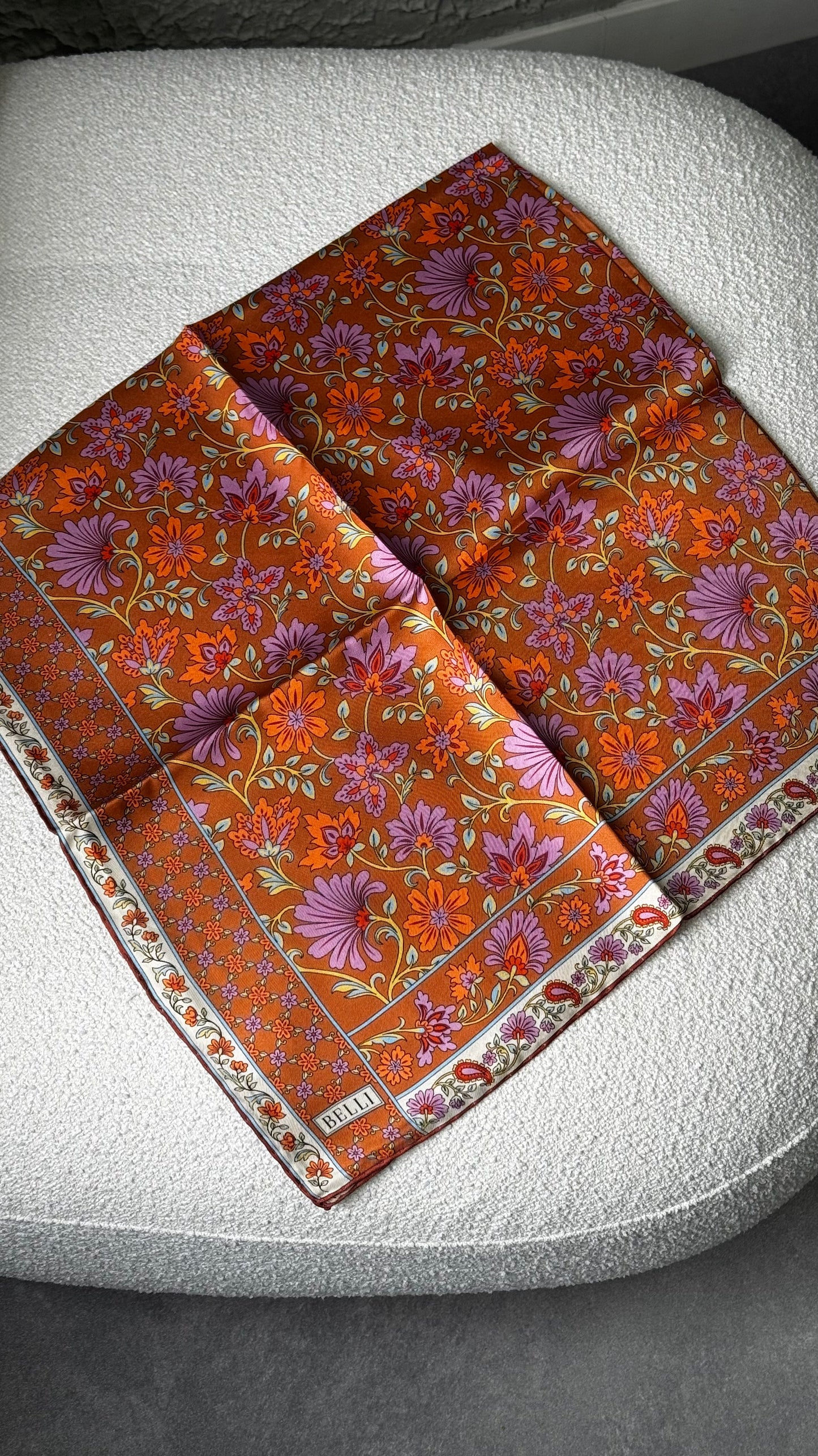 Belli Oranj Etnik Desen %100 Twill İpek Eşarp 4314-31