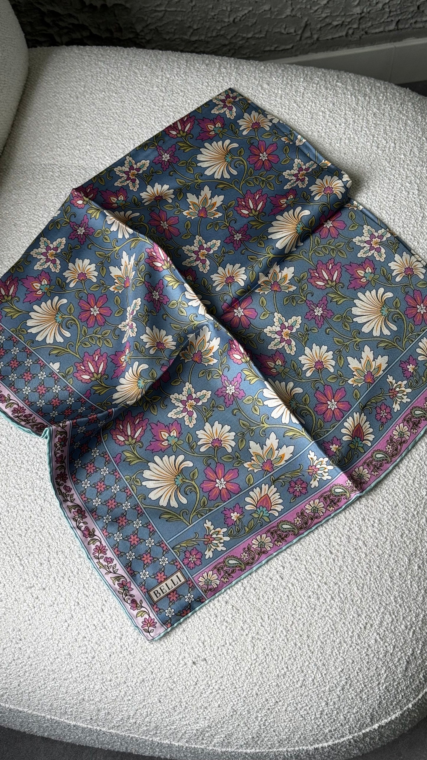 Belli Mavi Etnik Desen %100 Twill İpek Eşarp 4314-52