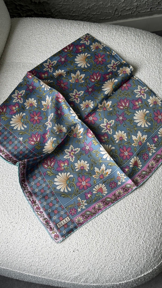 Belli Mavi Etnik Desen %100 Twill İpek Eşarp 4314-52