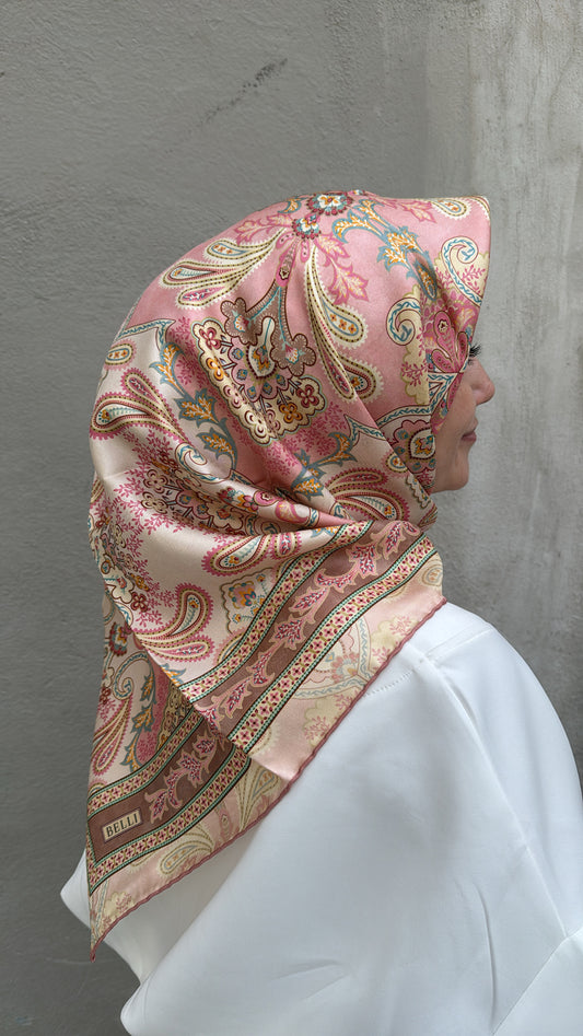 Belli Pembe Etnik Desen %100 Twill İpek Eşarp 4304-05