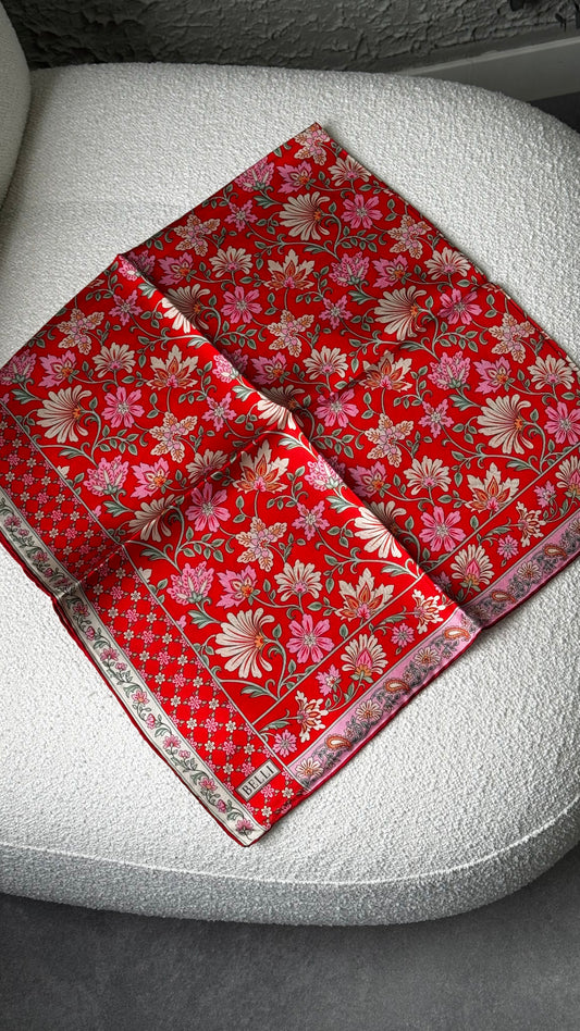 Belli Kırmızı Çok Renkli Etnik Desen %100 Twill İpek Eşarp 4314-09