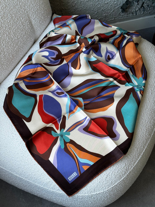 Belli Kahverengi Soyut Desen %100 Twill İpek Eşarp 4318-05