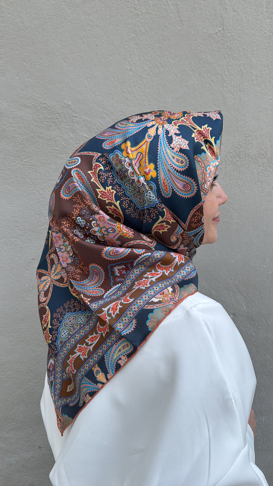 Belli Mavi Etnik Desen %100 Twill İpek Eşarp 4304-52