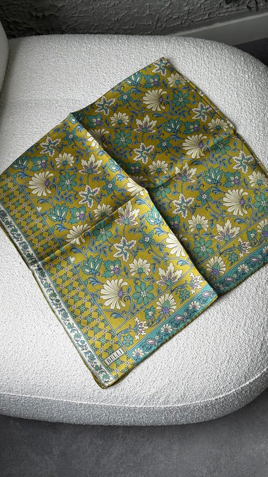Belli Yeşil Etnik Desen %100 Twill İpek Eşarp 4314-83