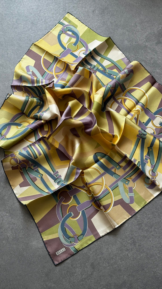 Belli Sarı Obje Desen %100 Twill İpek Eşarp 4300-